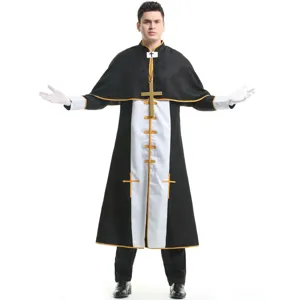 Costume de Prêtre pour Hommes Robe Noire Romaine Avec Collier de Croix et Gants pour Halloween Cosplay Party Clergé Tenue