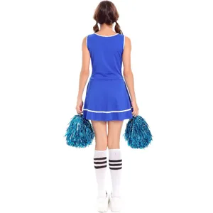 Vue arrière détaillée du costume de pom-pom girl bleu avec jupe, chaussettes et pompons.