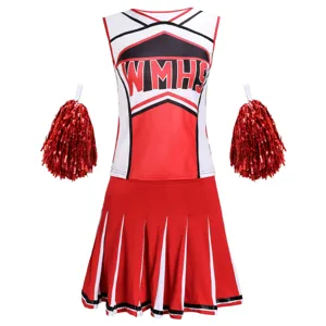Red white black cheerleading uniform set with pleated skirt and pom poms for cosplay performance.
