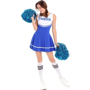 Detail de costume de cheerleading bleu et blanc avec pompons pour vetement de scene