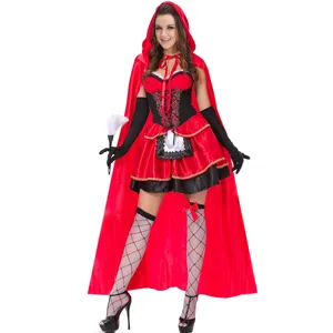 Red Riding Hood cosplay costume detail showing cloak dress gloves and themed party outfit.