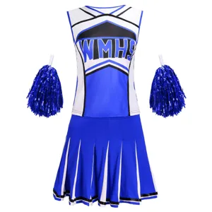 Cheerleader costume set with blue pom poms, sleeveless V-neck top and pleated skirt.
