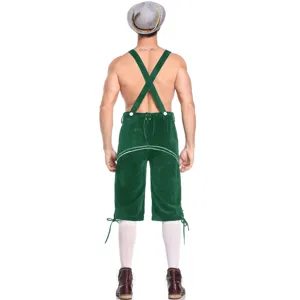 Traditional German Bavarian Oktoberfest men lederhosen costume with green shorts and suspenders.