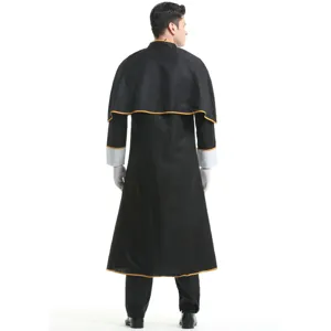 Costume de robe de pretre noir pour homme cape cosplay fete d'halloween tenue de scene