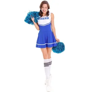 Superbe costume de pom-pom girl pour femme en bleu et blanc, parfait pour la scène.