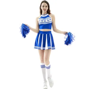 Blue white cheerleading costume set featuring cropped top with text, pleated skirt and pom poms.