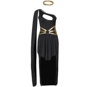 Medieval Greek goddess cosplay costume black gold long dress evening party outfit