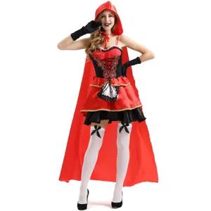 Red Riding Hood cosplay costume set with red hooded cape, dress, gloves, and stockings.