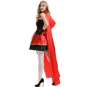 Details view of the Little Red Riding Hood costume cloak for cosplay and Halloween parties.