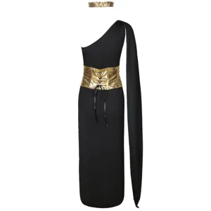 Detail shot of black goddess cosplay costume with gold corset belt and matching collar piece.
