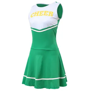 Green and white cheerleader dress detail, sleeveless design with yellow CHEER letter print.