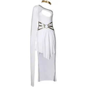 White Greek goddess costume with gold waist belt and headpiece, perfect for Halloween party cosplay.