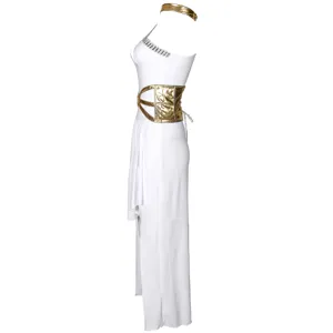 Detailed view of white goddess costume featuring gold corset waist and sparkling rhinestone straps.