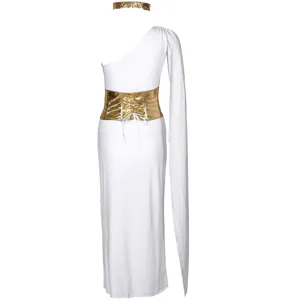 Close-up detail of the white one-shoulder goddess costume with metallic gold belt and headpiece.