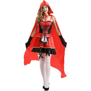 Little Red Riding Hood costume cosplay dress with red hooded cape for party Halloween.