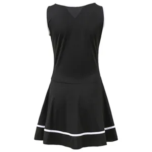 Black sleeveless womens cheerleading dress with white trim for stage performance and party.