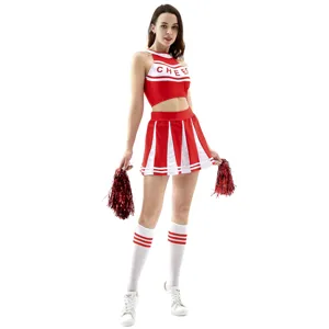 Red and white cheerleader costume detail view, showcasing the cropped top and pleated skirt.