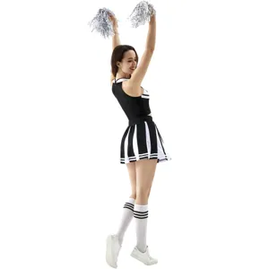 Detail view of black white cheerleader costume crop top pleated skirt set with pom poms