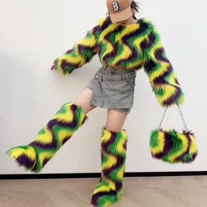 Mardi Gras Bottes Gilet Sac Fausse Fourrure Ensemble Motif Onde Coloré Fête Performance Mode Hiver Femmes Chaussures Accessoires