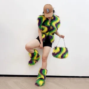 Ensemble gilet et bottes en fausse fourrure Mardi Gras violet vert jaune