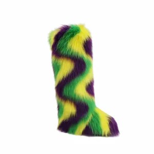 Bottes de spectacle vibrantes Mardi Gras en fausse fourrure à rayures violettes or vert