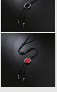 Macro view of vintage bolo ties featuring elegant red and black oval gemstone accents