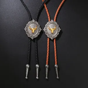 Mens Vintage Bolo Tie Western Cowboy Bull Head Alloy Pendant Necklace Artificial Leather Rope Jewelry