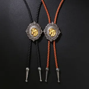 Vintage Western Cowboy Bolo Tie Zinc Alloy Gold Horse Pendant Necklace Braided Leather Cord Fashion Jewelry For Men Women