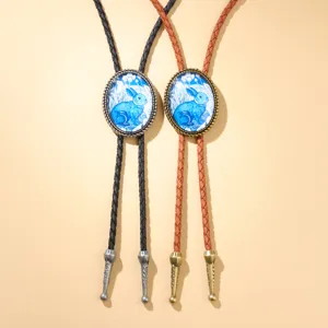 Western Cowboy Bolo Tie Leather Cord Alloy Pendant Necklace Vintage Floral Animal Slide Necklace Jewelry For Men Women