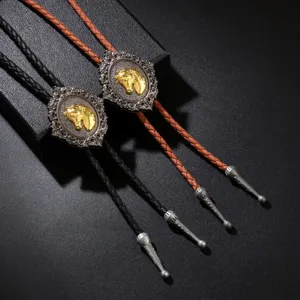 Vintage zinc alloy golden horse head bolo tie with braided leather cord necklaces