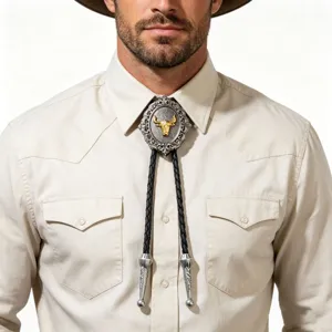 Vintage western cowboy bolo tie featuring a golden bull head emblem on a beige shirt