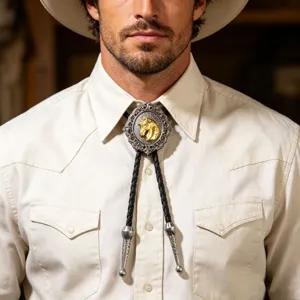Vintage zinc alloy bolo tie with golden horse head and braided leather cord necklace.