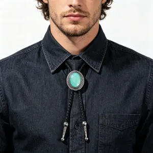 Vintage men's bolo tie with turquoise gemstone and silver-carved frame