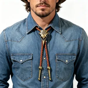 Vintage Punk Bolo Tie mit einem bronzenen Vogelschädel-Anhänger auf einem Jeanshemd