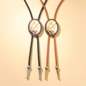 Western cowboy bolo tie with frog playing lute illustration on braided leather cord