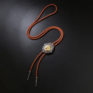 Vintage zinc alloy bolo tie with golden horse relief and brown leather cord necklace