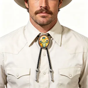 Western cowboy bolo tie with vintage oval yellow patterned alloy pendant and leather cord