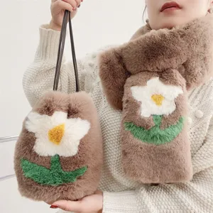 Soft faux fur drawstring bag and matching scarf set with floral embroidery