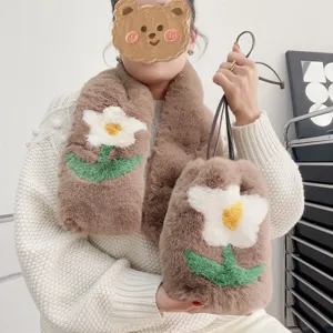 Faux rabbit fur drawstring handbag and matching scarf set with flower pattern