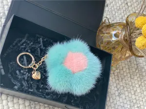 Detailed macro view of plush mint and pink fur flower keychain in elegant black gift box.