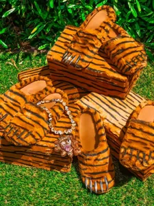 Macro view of tiger stripe furry claw slippers with matching shoe boxes on green grass.