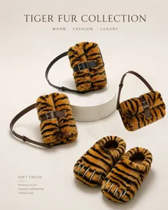 Close-up detail of tiger pattern faux fur claw slippers and matching collection bags