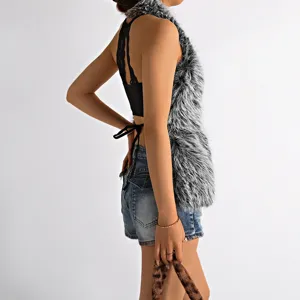 Detailed side view of a stylish Mongolian fur halter top with a sexy backless design.