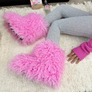Bottes de neige en forme de cœur rose pour enfants avec fausse fourrure