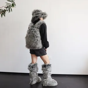 Detailed view of fashion grey faux raccoon fur backpack with Y2K style matching boots