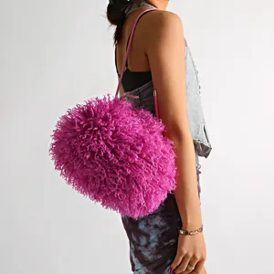 Stylish purple shaggy faux fur cloud bag presented as a trendy underarm crossbody accessory