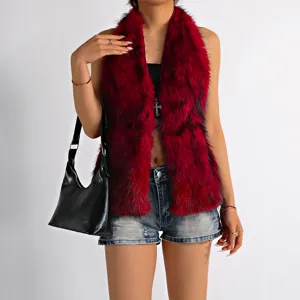 Sexy red faux Mongolian fur halter vest top featuring a decorative cross pendant