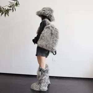 Detailed side view of a stylish Y2K large capacity faux raccoon fur backpack in grey and white