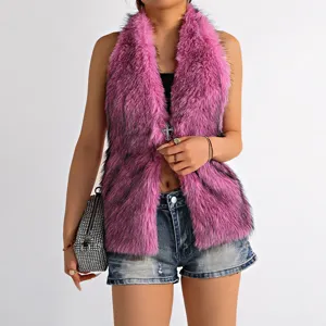 Close-up detail view of pink Mongolian faux fur halter top with silver cross pendant