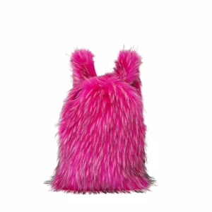 Close-up view of a vibrant pink faux fur backpack featuring a fluffy Y2K style design